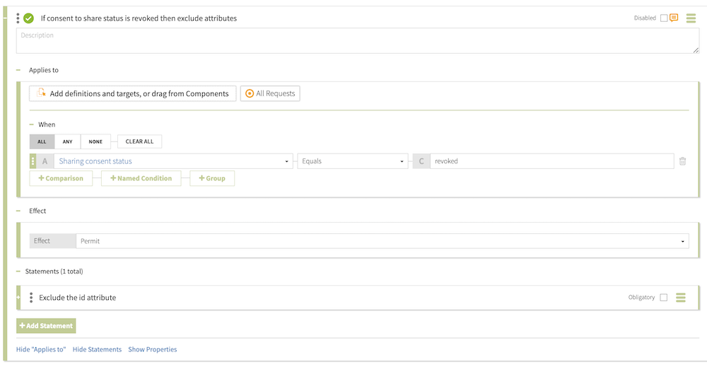 Screen capture of rule to compare "Sharing consent status" attribute to revoked