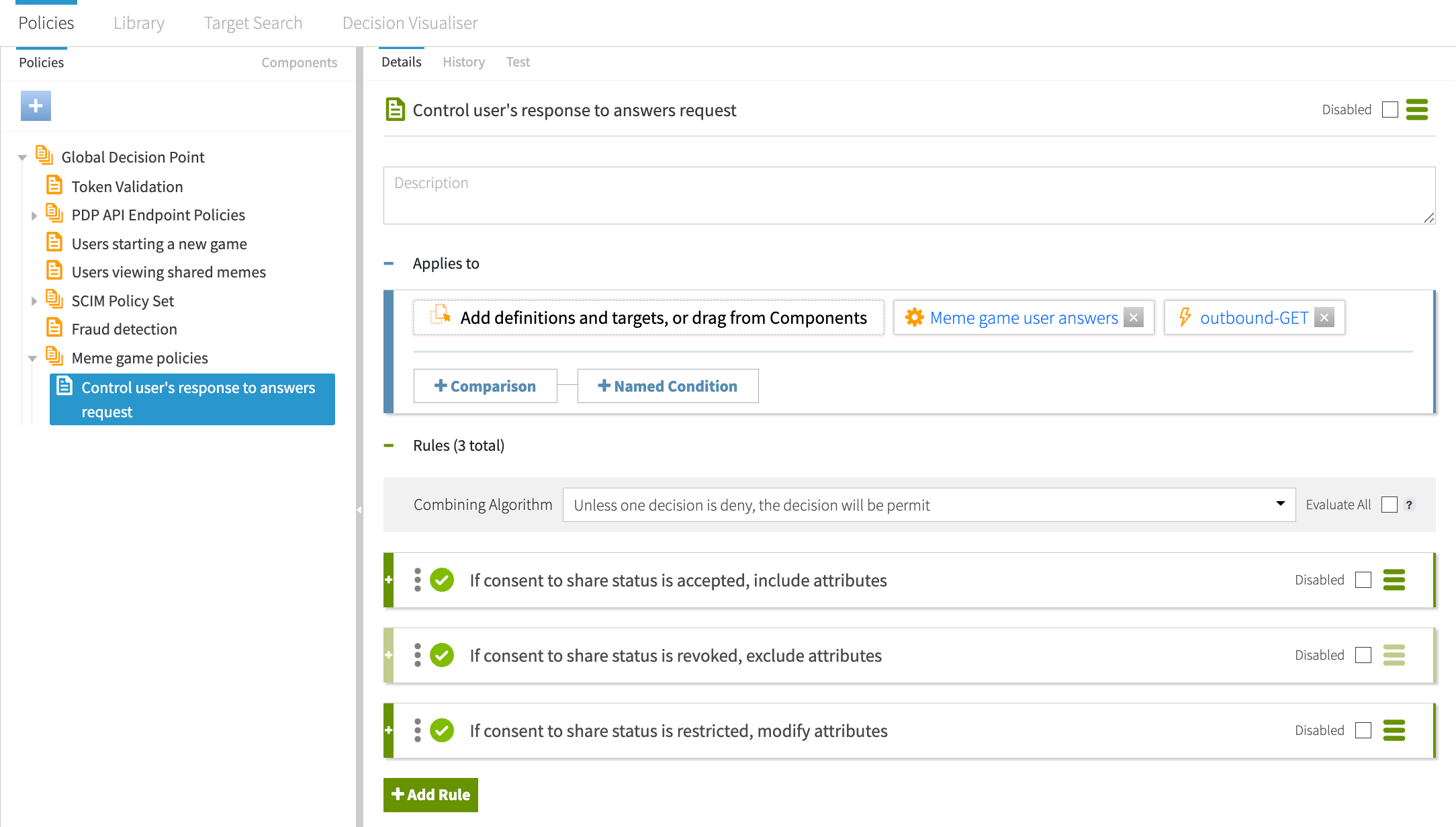 Screen capture of the user policy with the target and the three rules, configured as specified