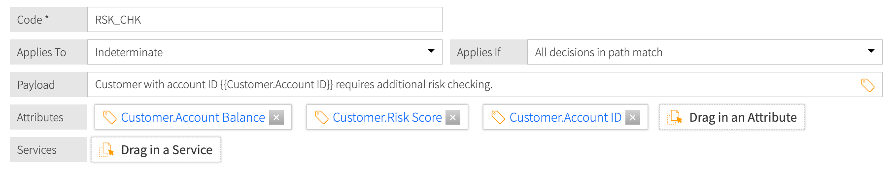 Screen capture of a statement checking the risk for a specific customer and returning multiple attribute key-value pairs