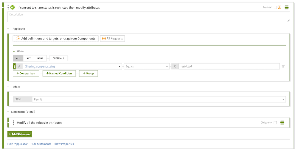 Screen capture of rule to compare "Sharing consent status" attribute to restricted, configured as specified