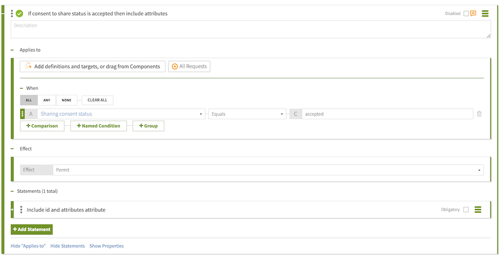 Screen capture of rule to compare "Sharing consent status" attribute to accepted
