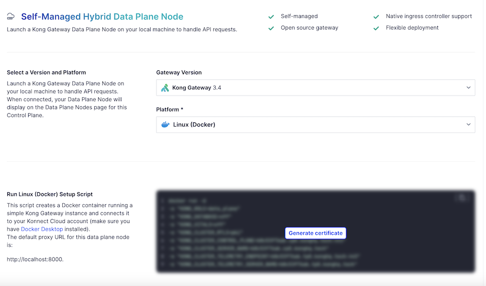 Screen capture of the "Self-managed Hybrid Data Plane Node" screen
