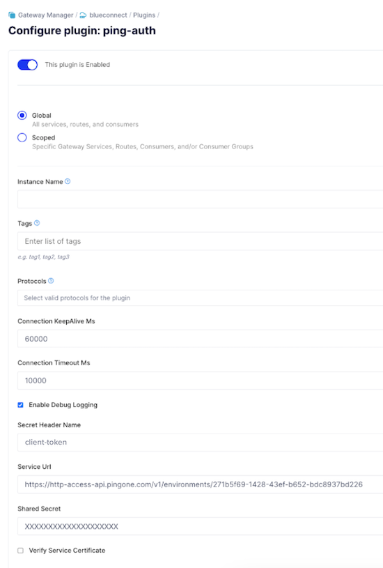 Screen capture of the Kong Konnect configure plugin screen with the "Secret Header Name" field highlighted