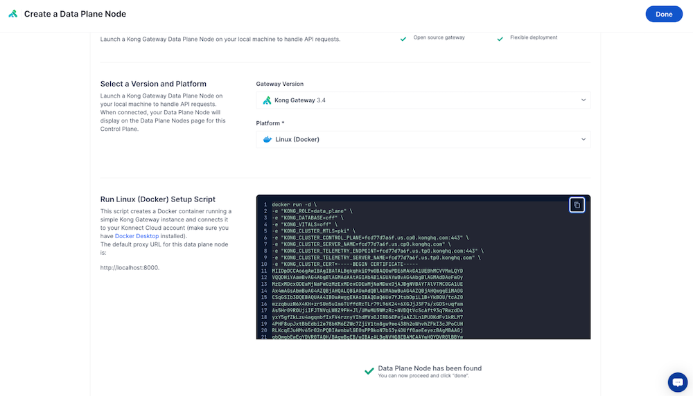 Screen capture of the "Create a Data Plane Node" confirming deployment of the configured Data Plane Node