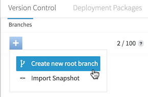 Screen capture of the Create new root branch option in the Branch Manager’s Version Control configuration.