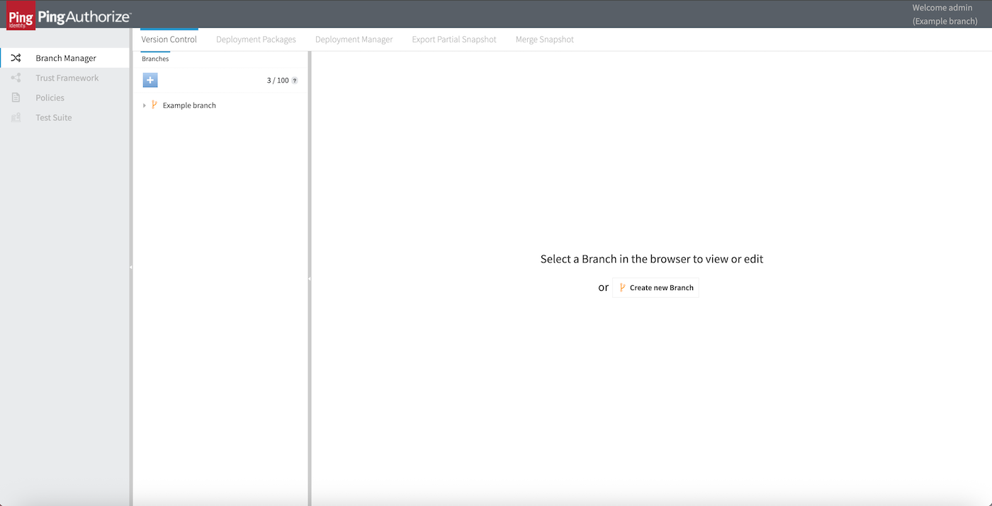 Screen capture of the Version Control tab in the Policy Editor’s Branch Manager.