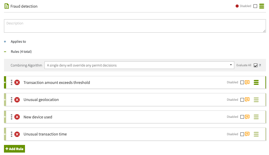 Screen capture of the Fraud detection policy with four risk signal rules defined.