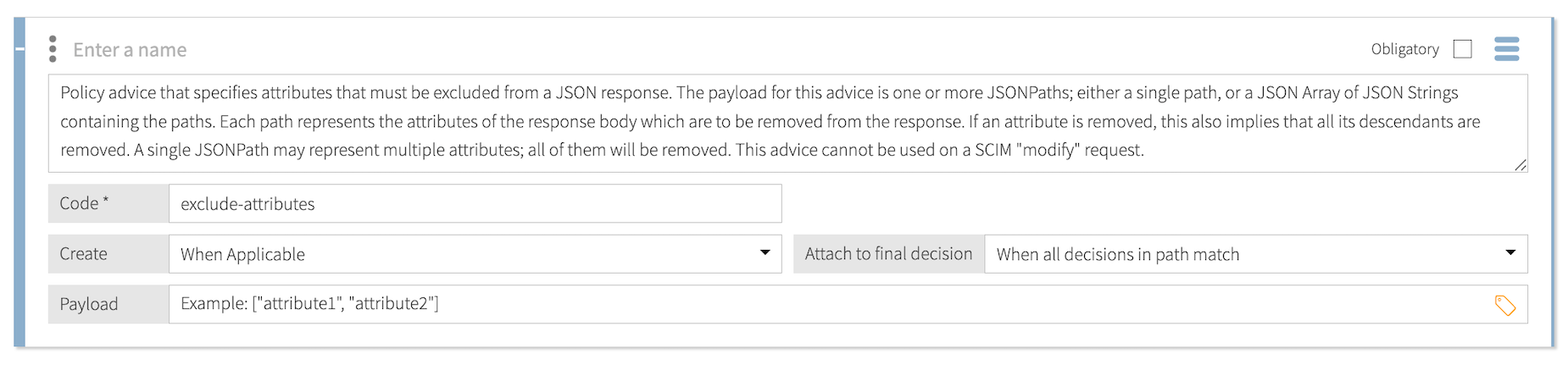 Screen capture of the exclude-attributes statement template