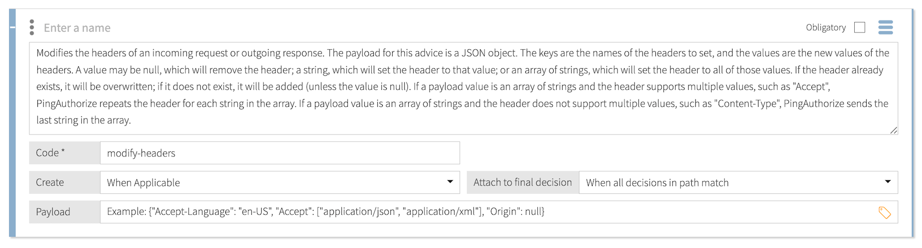 Screen capture of the modify-headers statement template
