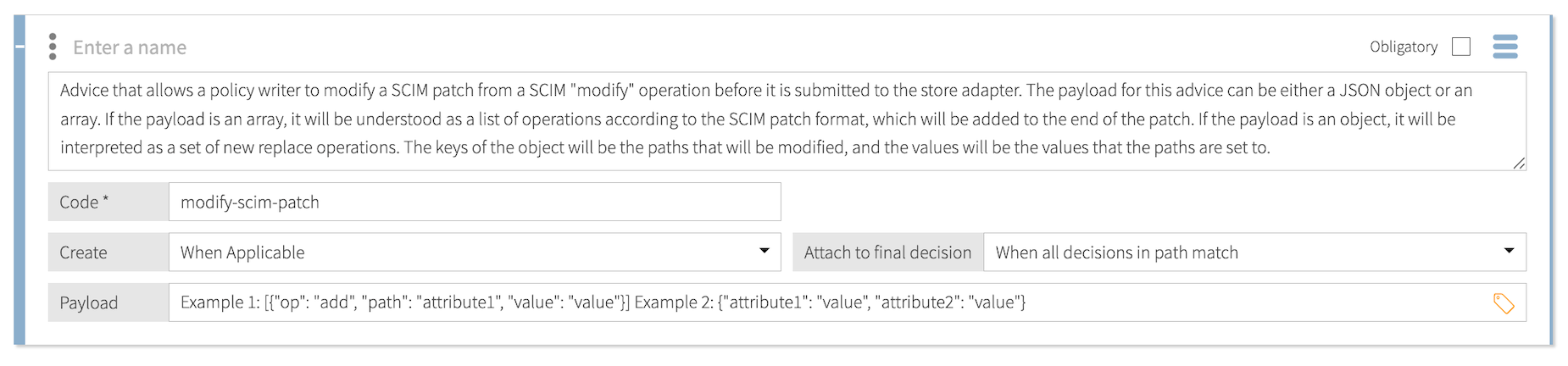Screen capture of the modify-scim-patch statement template