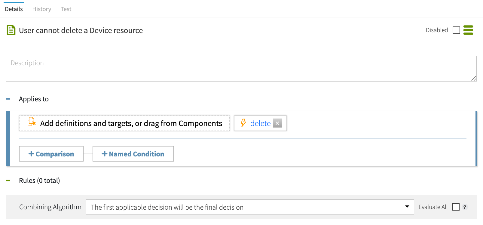 Screen capture of the Policies tab showing the User cannot delete a Device resource policy, configured as specified