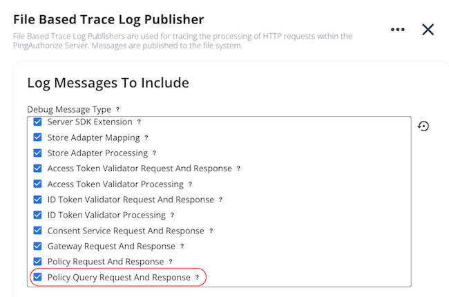Screen capture of the Debug Message Type option for the Debug Trace logger, with the Policy Query Request and Response message type highlighted.