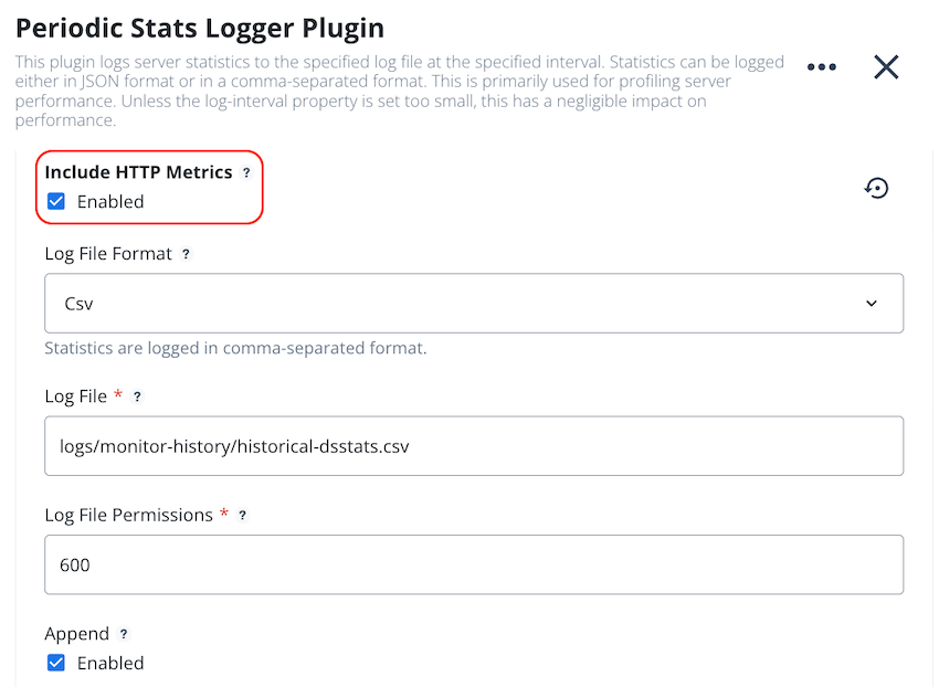 Screen capture of the Periodic Stats Logger Plugin configuration with the Include HTTP Metrics checkbox selected.