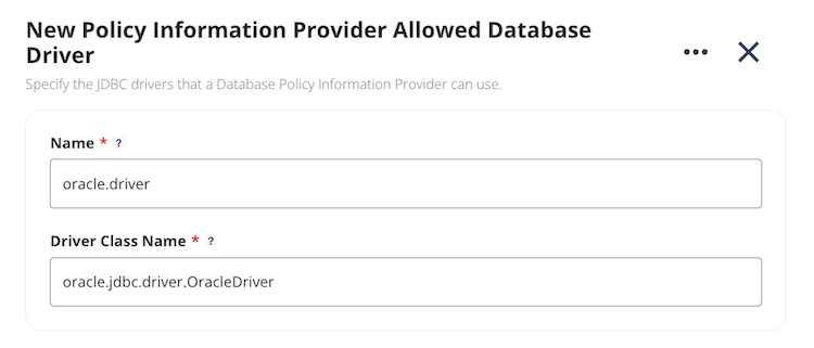 Screen capture of the New Policy Information Provider Allowed Database Driver wizard with sample values in the Name and Driver Class Name fields