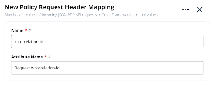 Screen capture of the New Policy Request Header Mapping page with an example x-correlation-id mapping defined