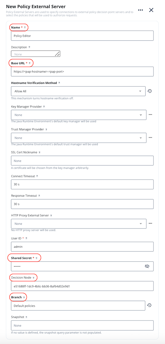 Screen capture of the New Policy External Server window with the Name, Base URL, Shared Secret, Decision Node, and Branch fields highlighted.