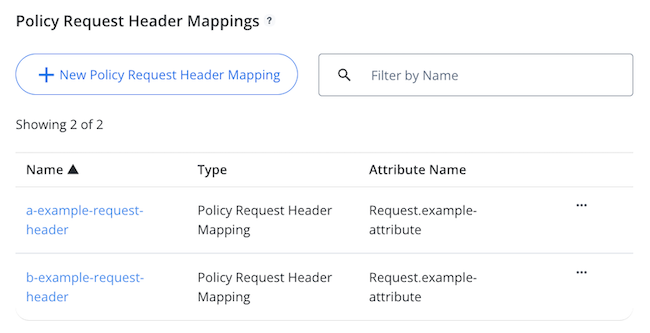 Screen capture of the Policy Request Header Mappings list in the PingAuthorize admin console