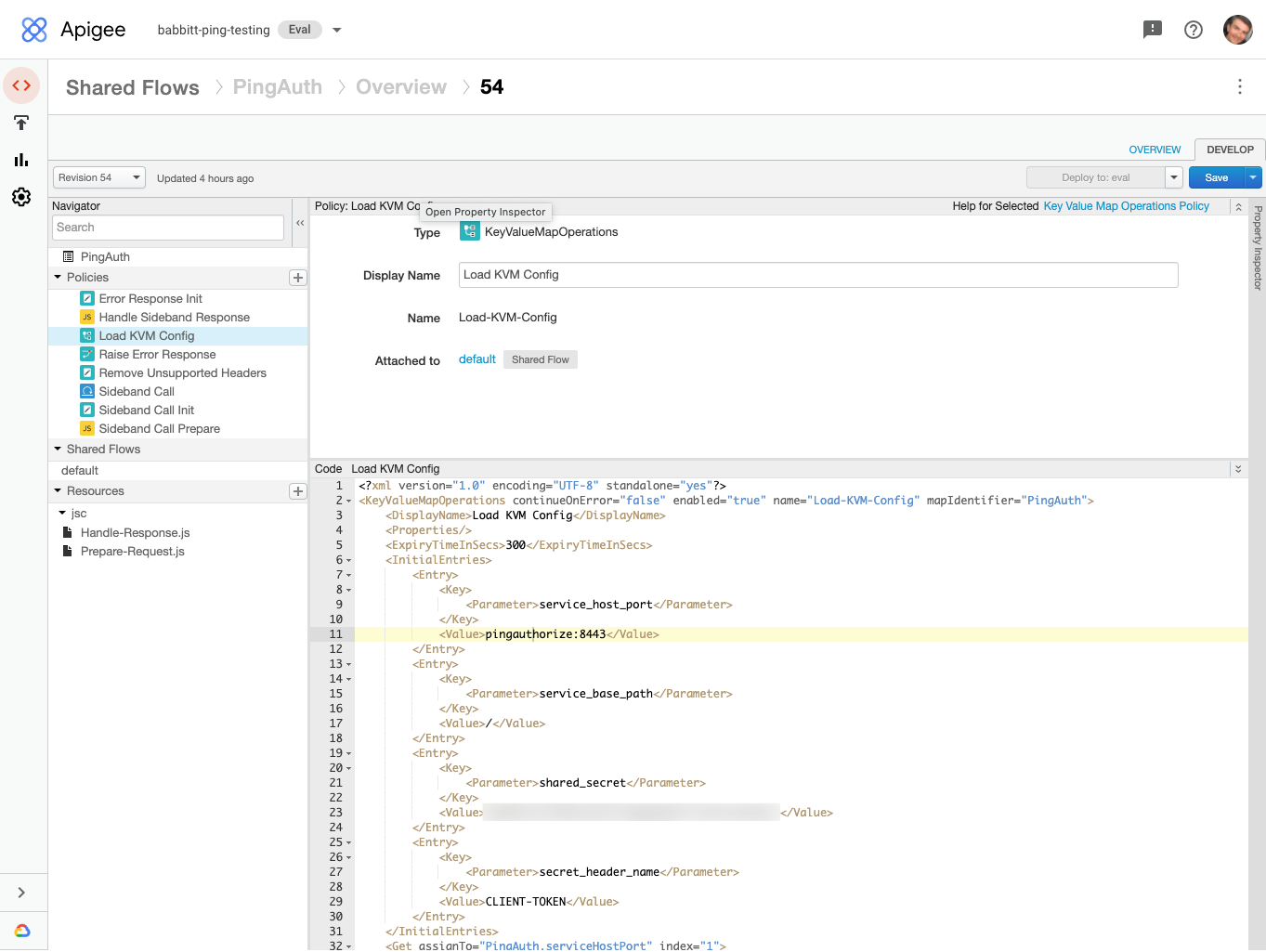Screen capture of the Apigee X key-value map configuration for the PingAuth shared flow