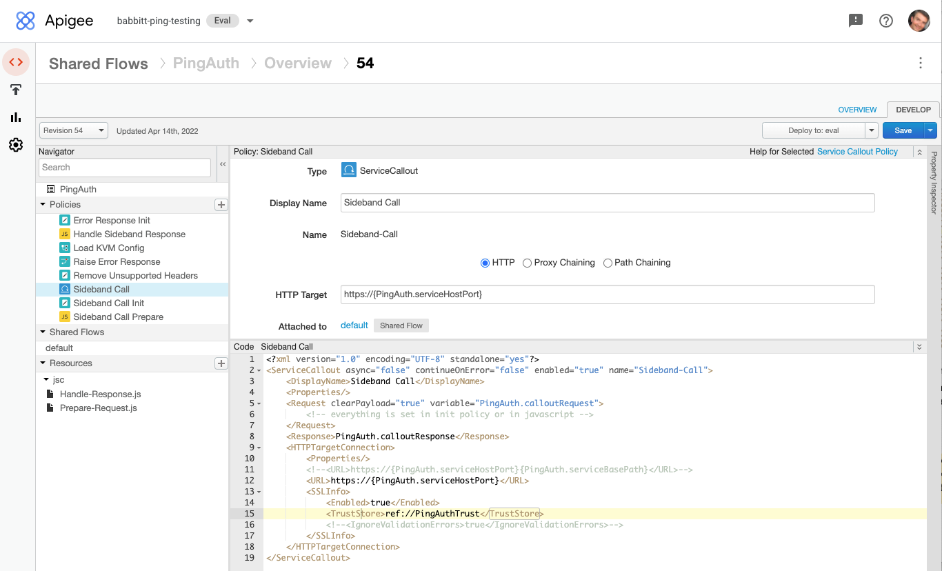 Screen capture of the Apigee Sideband Call policy with the PingAuthTrust key store trust enabled