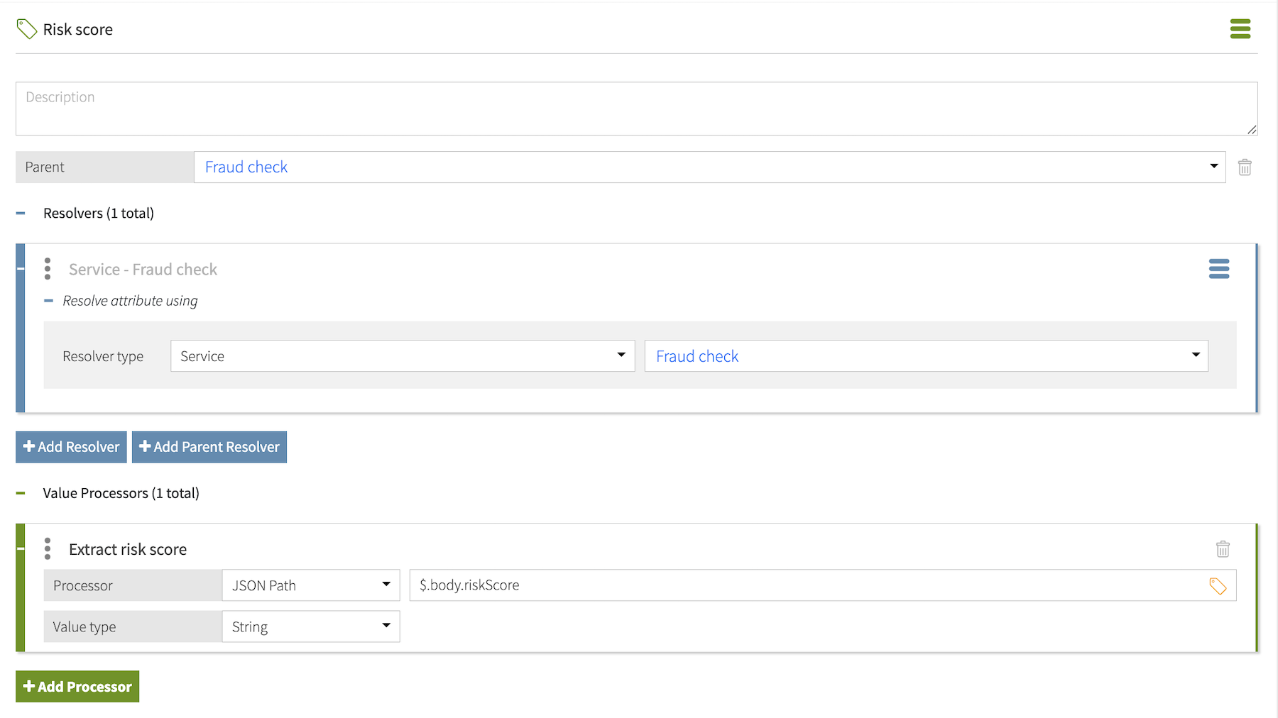 Screen capture of a risk score attribute that resolves from the fraud service.