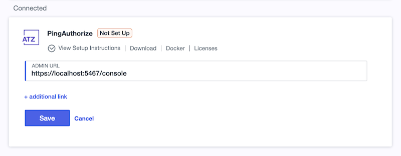 Screen capture of the Add Admin UI Link field with an example PingAuthorize admin console URL.