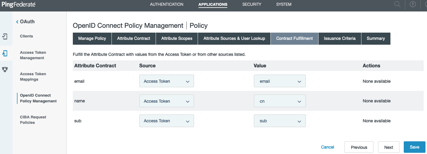 Screen capture of the Contract Fulfillment tab on the OpenID Connect Policy Management window, with the Attribute Contracts of email, name, and sub set to a Source of Access Token and Value selections of email, cn, and sub, respectively.