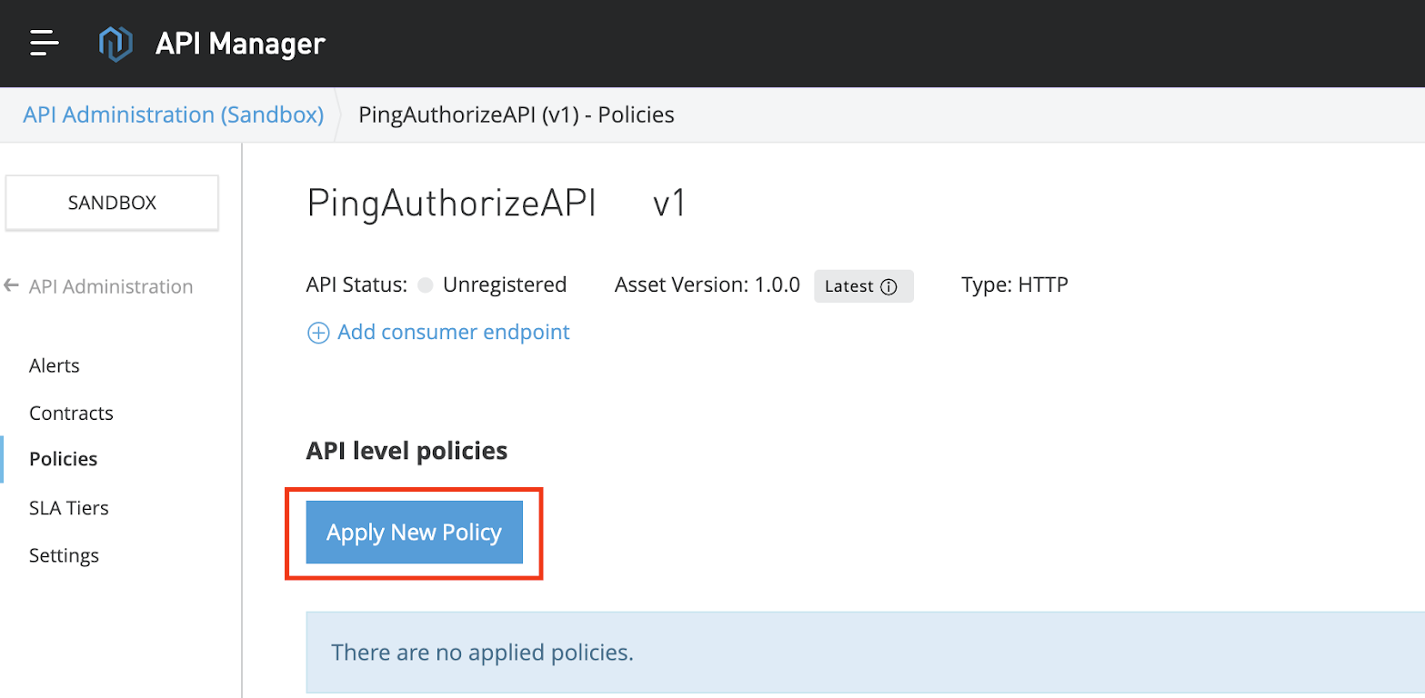 Screen capture of the PingAuthorizeAPI v1 Policies window under the Policies tab with the Apply New Policy button highlighted in lower center of the screen