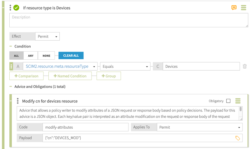 Screen capture of the rule for the Devices resource, configured as specified