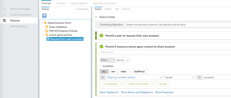 Screen capture that shows the rule to permit if the resource owner gave consent to share answers, configured as specified