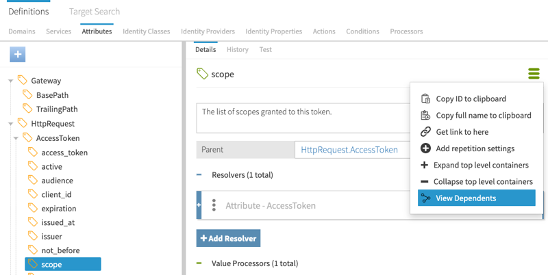 Screen capture of the Attributes tab of Trust Framework Definitions, with the scope attribute selected. The hamburger menu in the upper right shows the View Dependents option