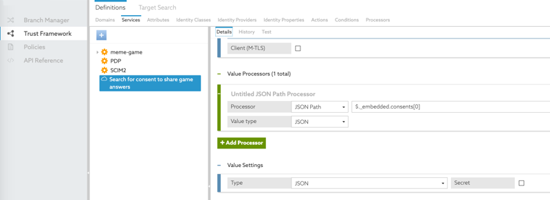 Screen capture that shows the value processor using a JSON Path statement, $._embedded.consents[0,role=