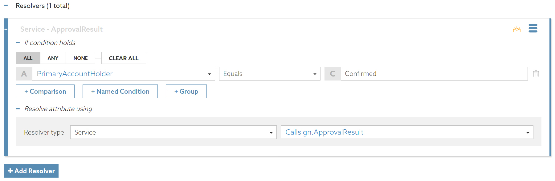 Screen capture of the Resolvers section for an example service called ApprovalResult, with an added condition in the If condition holds section