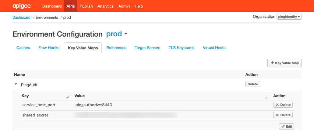 Screen capture of the Apigee Edge and Private Cloud key value map configuration for the PingAuth Shared Flow