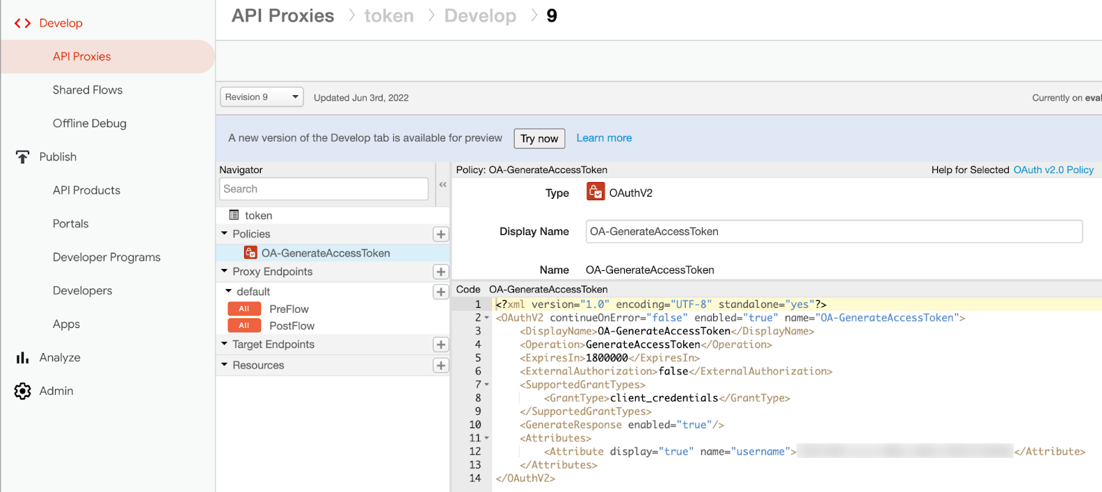 Screen capture of the OAuthV2 policy on the API Proxies page, with the custom attribute 