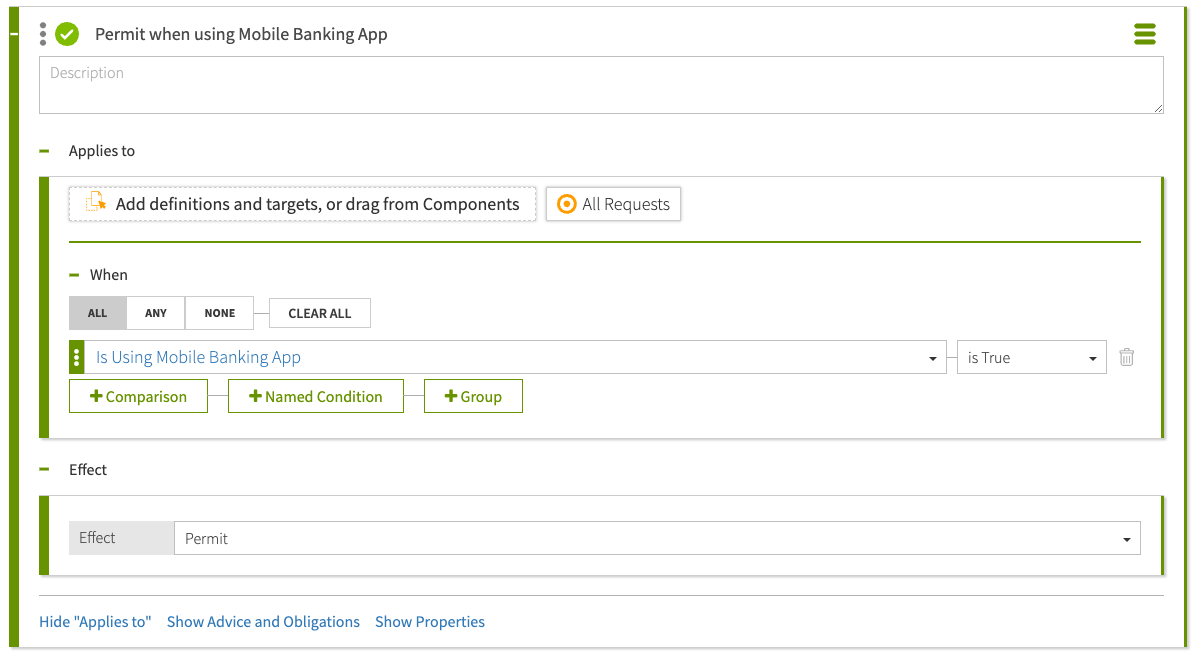 Screen capture of a rule with an Applies to condition and a Permit effect.