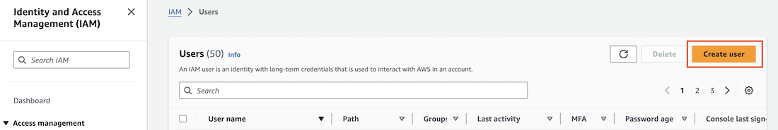 Screen capture of the Users page with the Add users button in the IAM dashboard of AWS Management Console