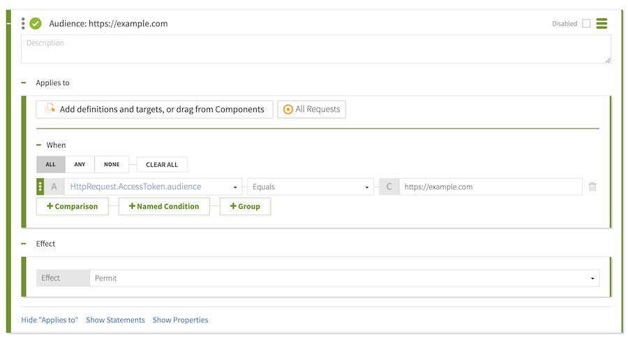 Screen capture of the Permitted audiences policy configuration window with a perm rule configured as specified, and an Unauthorized Audience statement, flagged as Obligatory