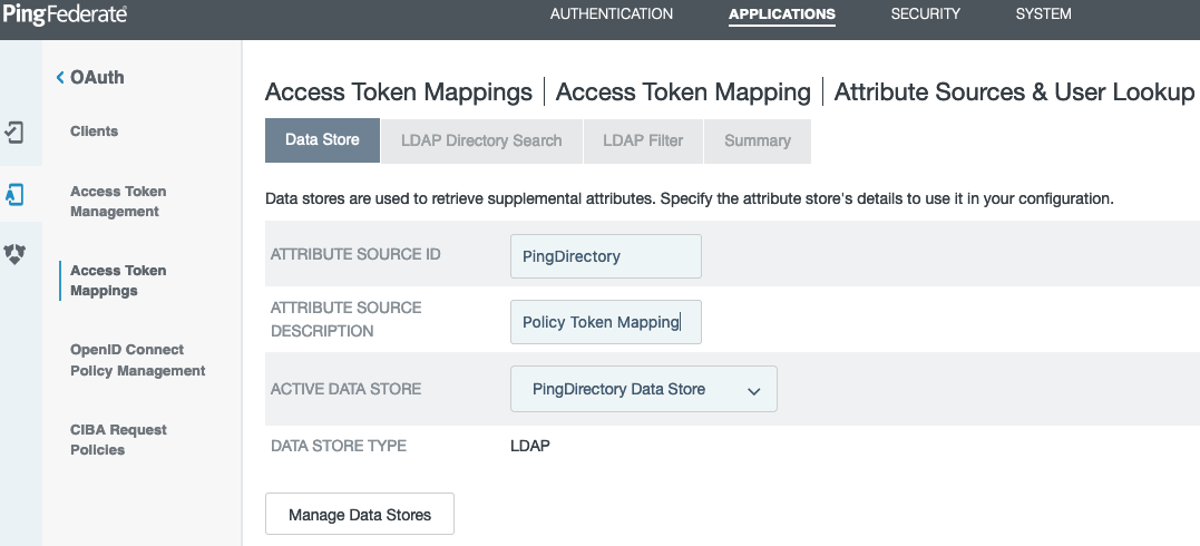 Screen capture of the Data Store tab on the Access Token Mappings window, displaying the PingDirectory datastore selected in the Active Data Store list