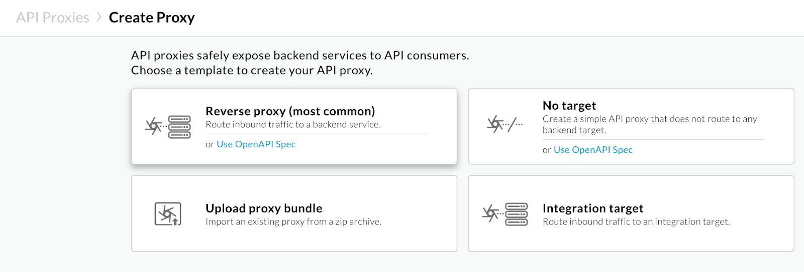 Screen capture of the Apigee API proxy creation menu