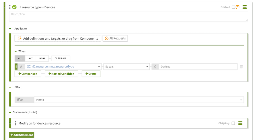 Screen capture of the rule for the Devices resource, configured as specified