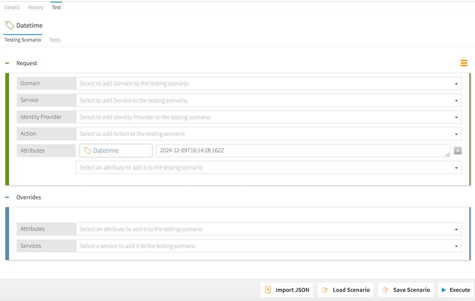 Screen capture of a Datetime attribute testing scenario with an ISO 8601-formatted representation of December 9, 2024 configured as input