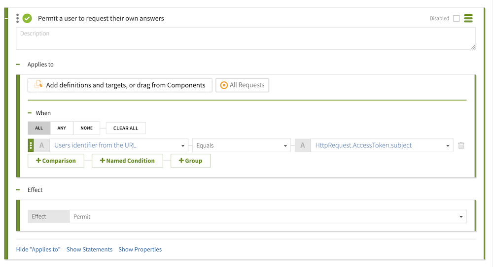 Screen capture that shows the rule to permit a user to request their own answers, configured as specified