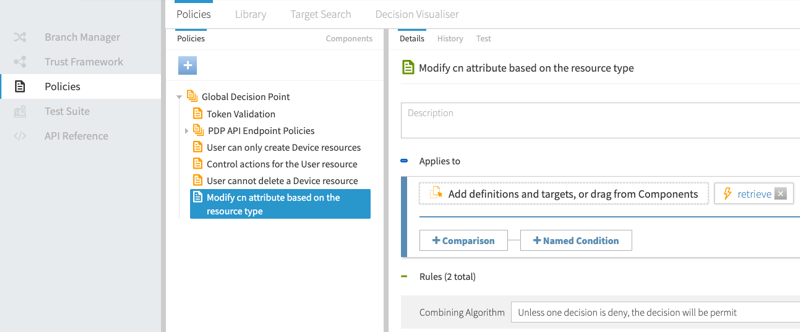 Screen capture of the Policies tab showing the Modify cn attribute based on the resource type policy, configured as specified