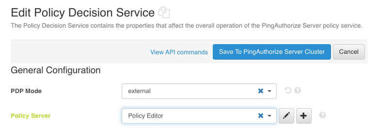 Screen capture of the Edit Policy Decision Service window with the PDP Mode and Policy Server lists configured as specified