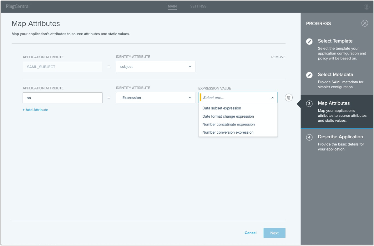 Screen capture of the expressions you can add to your application attributes.