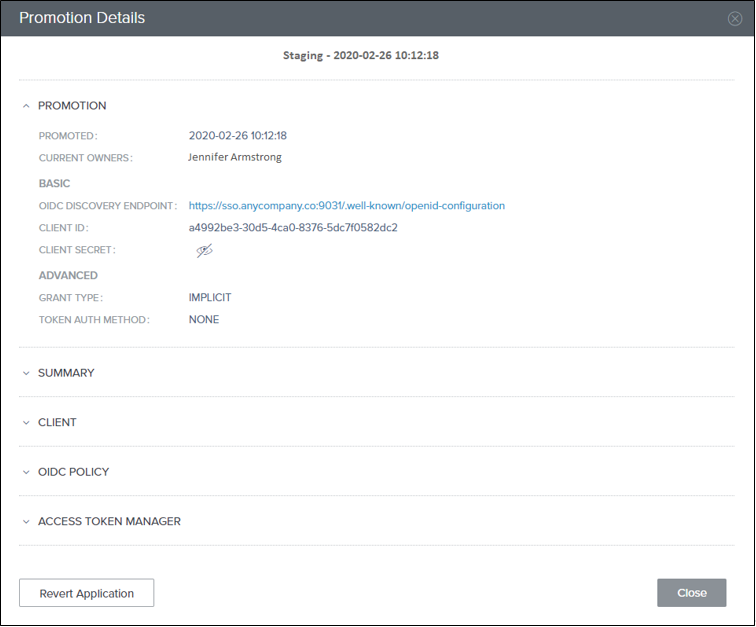 This example shows the Promotion Details page, which contains information regarding the promotion, such as the Client ID and OIDC discovery endpoint.