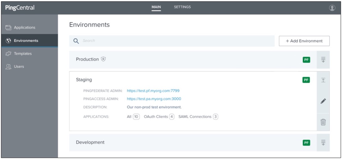 A screen capture showing the Environments page, which lists all of the environments and displays details regarding each environment when the associated expandable icon is clicked.