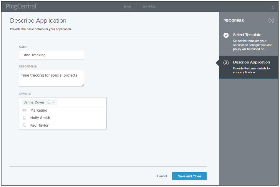 This example shows the Describe Application page, which contains the Name, Description, and Owners fields.