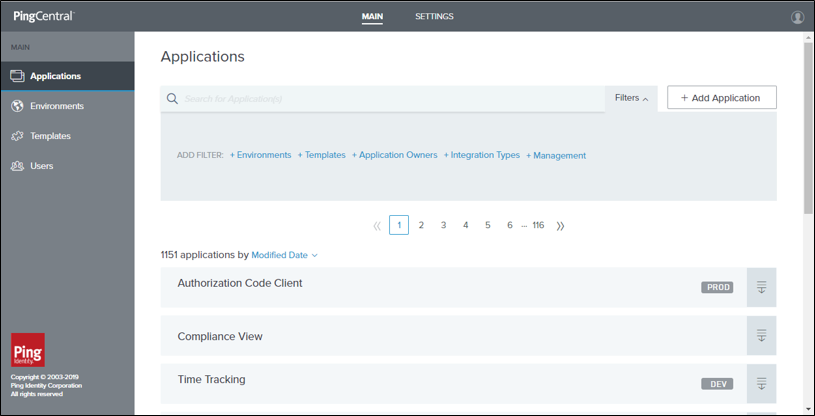 A screen capture of the Applications page that displays several of the filters available to filter the application list.