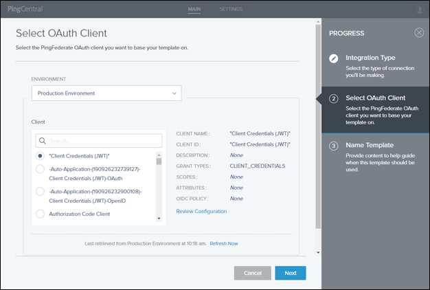 This example shows the information that displays when an OAuth client is selected.